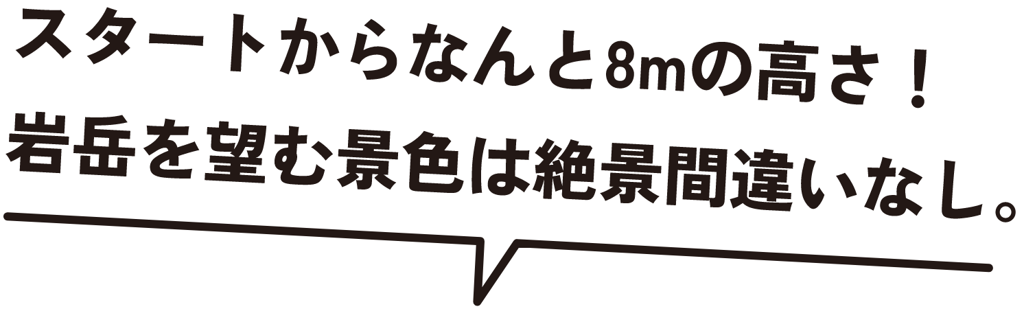 スタートからなんと8mの高さ！岩岳を望む景色は絶景間違いなし。
